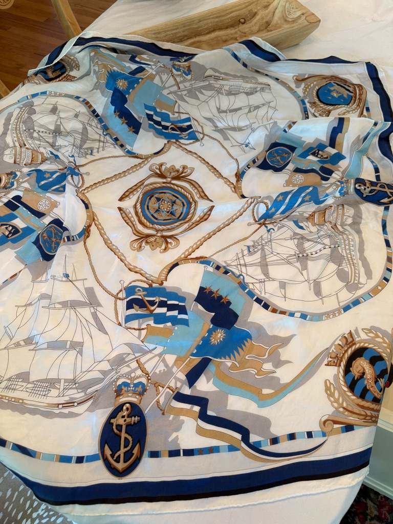 Nautical 100 Silk Scarf In White Blue  Gold